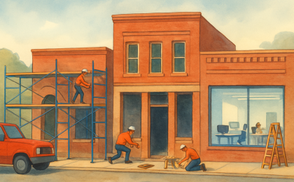 Illustration of downtown buildings being renovated into a modern business incubator workspace