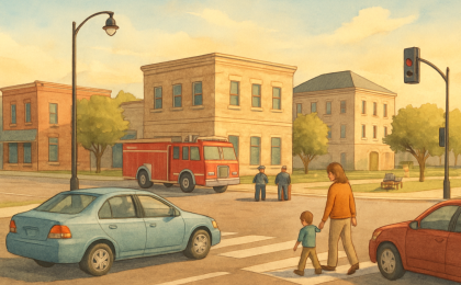 An editorial illustration showing two vehicles at a city intersection and responders assisting after a crash while emphasizing public safety.