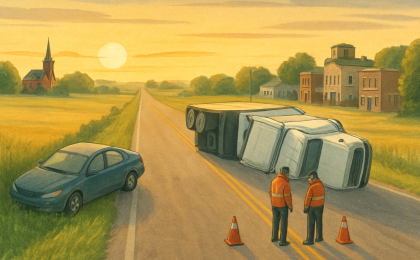 Three-vehicle crash scene on a rural Kansas highway with responders directing traffic