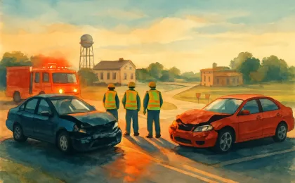 Emergency responders stand near two wrecked vehicles at an intersection outside Topeka during a morning response