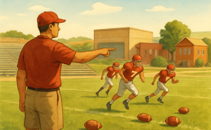 A coach leading football practice drills at a small-town high school camp under clear daylight.