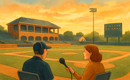 An illustration of a renovated college baseball field with a radio-style interview setup under an evening sky.