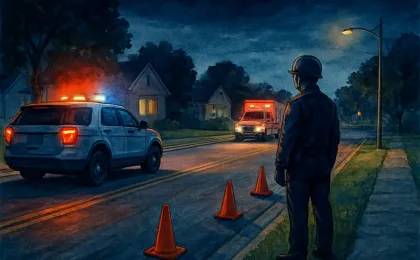 Nighttime emergency response on a residential road near a parked patrol vehicle and staged ambulance.