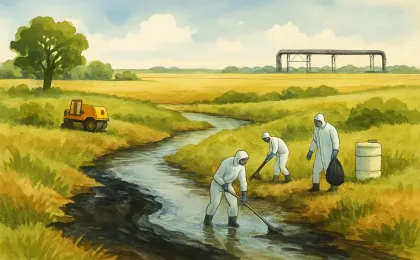 Cleanup crew and restoration work beside a creek after an oil spill near a pipeline