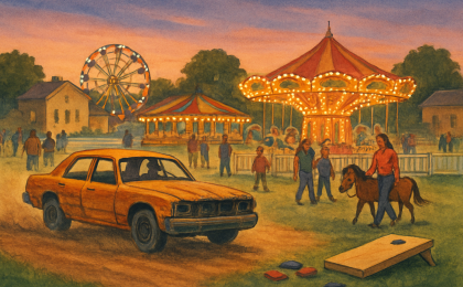 County fair illustration showing a demolition derby track, midway rides, pony rides, and a cornhole game area.