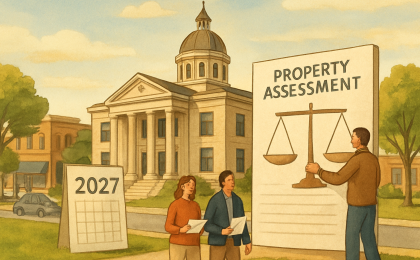 A courthouse and community members illustrated to represent Douglas County planning for 2027 property taxes.