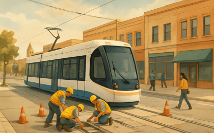 Illustration showing a streetcar and a track repair crew in downtown surroundings
