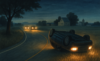 Nighttime rural highway scene showing an overturned SUV off a grassy shoulder near the road.