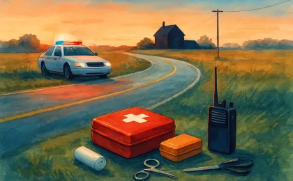 Rural road scene with emergency response equipment and a distant farmhouse silhouette, representing an active investigation after a shooting incident.