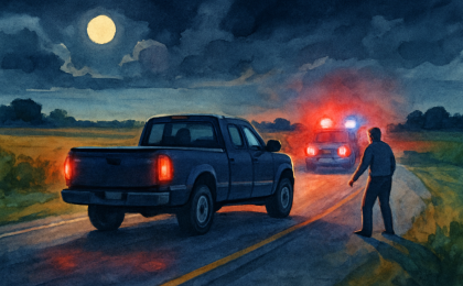 Nighttime rural road scene showing a stopped pickup truck and emergency response lighting after a vehicle struck a person near the roadside.