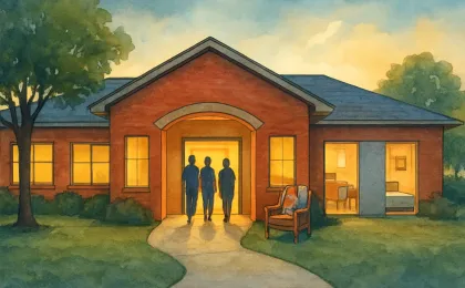 Illustration of a warm, kid-friendly care facility with cozy interior spaces and a calm pathway outside, suggesting stabilization and wraparound support.