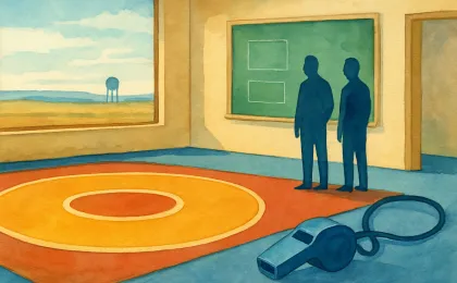 Illustration of a high school gym with a wrestling mat and an award-like atmosphere near a blank chalkboard.