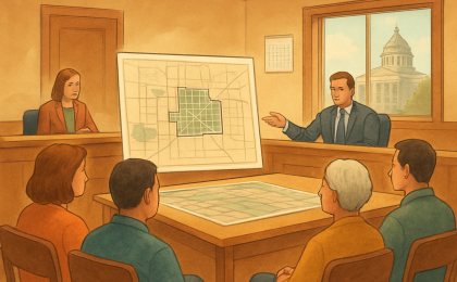 An editorial illustration of Emporia residents and city officials reviewing a map and rezoning plan for a proposed data center.
