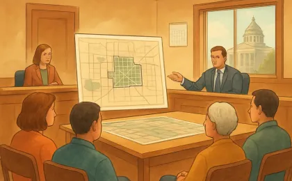 An editorial illustration of Emporia residents and city officials reviewing a map and rezoning plan for a proposed data center.