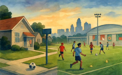 Illustration of England and Argentina’s World Cup connection to the Kansas City metro with suburban homes and a soccer training facility.