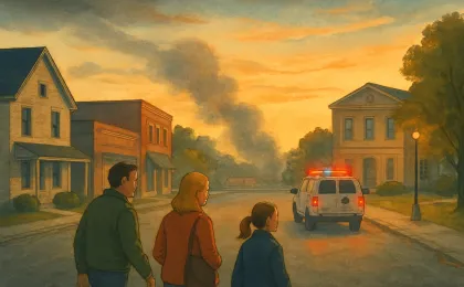 Residents evacuating a small town street as responders monitor a suspected gas leak