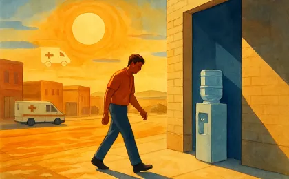 Illustration of people taking shade and hydration precautions during an extreme heat advisory over Kansas prairie and a town sidewalk