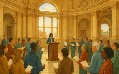 Community members gather in a statehouse rotunda in front of a central podium during a peaceful advocacy event.