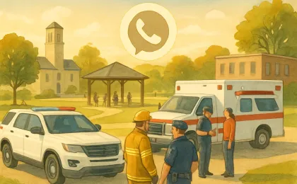 Illustration of coordinated anti-trafficking response with responders offering support and guidance