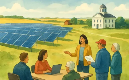 Utility-scale solar panels near a county building with community members preparing to provide public comment