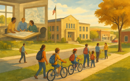 A community bike bus and walkers heading safely toward a neighborhood school along a sidewalk and bike path