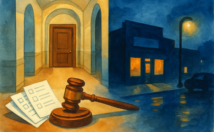 An editorial illustration showing a courthouse scene and a nighttime bar exterior silhouette to represent a jury verdict in a Dodge City shooting case.