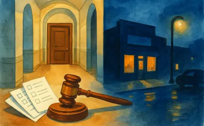An editorial illustration showing a courthouse scene and a nighttime bar exterior silhouette to represent a jury verdict in a Dodge City shooting case.