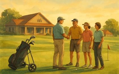 Friendly golfers gathering for a summer tournament on a local green in Emporia.
