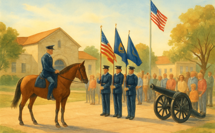 An original illustration of a ceremonial changing-of-command scene featuring uniformed personnel, a horse, and a ceremonial outdoor setting.