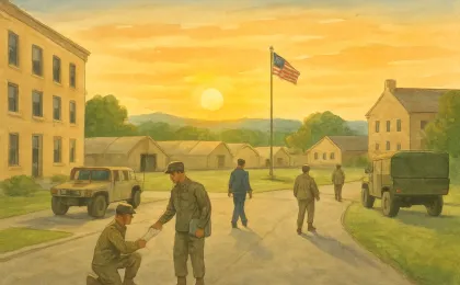 Illustration of coordinated emergency responders rehearsing recovery and mass shelter setup on an army installation campus at sunrise