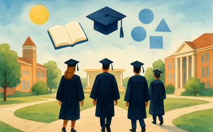 Graduates walking toward a campus ceremony stage with books and graduation caps represented.