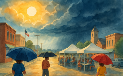 Storm clouds and lightning approaching a summer neighborhood as people prepare to move indoors near an outdoor celebration.