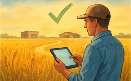A golden wheat field with a farmer reviewing farming data and a visual connection between two event locations for an agriculture education program.