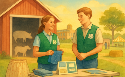 Two 4-H siblings at an outdoor fair with livestock nearby and handmade project materials displayed.