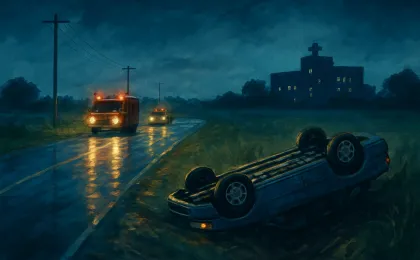 Illustration of an overturned car near an intersection at night with emergency response activity nearby
