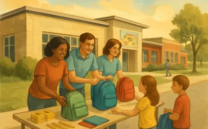 Volunteers distribute school-supply backpacks at a Garden City community center.