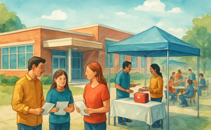 Families gather at a middle school during an enrollment and immunization event, with community booths and meal service set up on site.