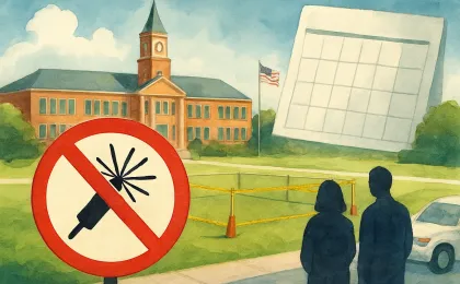 An illustration of a school campus outdoor area with fireworks prohibited and a holiday closure calendar indicator.