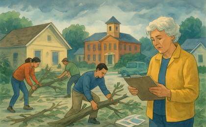 A community cleanup scene with residents documenting storm damage for disaster assistance.