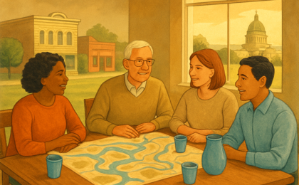 Community members gather around a table to discuss water and local sustainability.