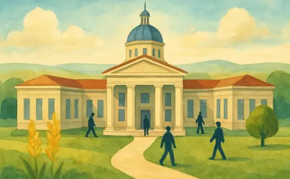 An illustrated government building with connected wings representing a consolidation of early childhood services.