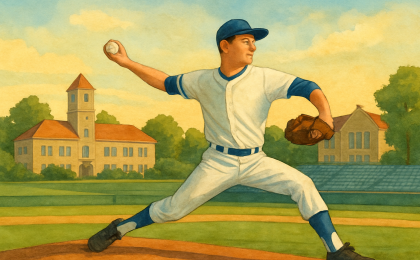 A homecoming-themed illustration of a baseball pitcher on a campus field at dusk, with Kansas prairie colors in the background.