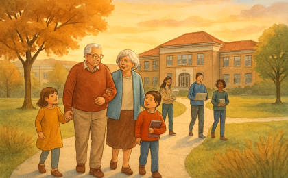 Grandparents and grandchildren gather on a university campus walkway, preparing to attend classes together.