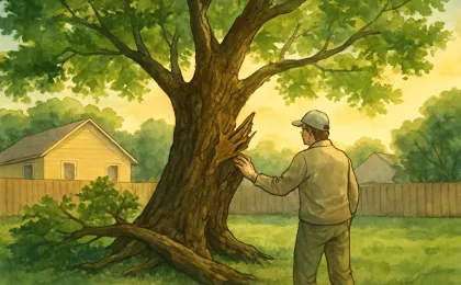 Illustration of a storm-damaged old oak tree with remaining green canopy and a caretaker’s hand resting on the bark in a quiet backyard setting.