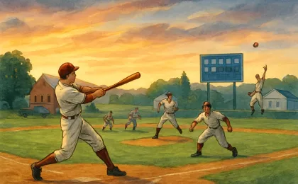 Illustration showing a Kansas baseball game in motion with runners on base and a pitcher winding up under evening lights.