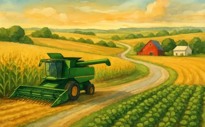 Rural farm scene with a parked combine between corn and soybeans, with wheat fields and a winding road in the distance.