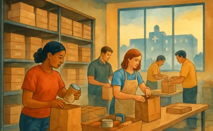 Volunteers packing meal boxes in a community food bank with a hospital silhouette in the background.