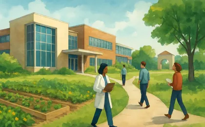 Illustration showing a campus health facility and outdoor student-community spaces on a landscaped university campus