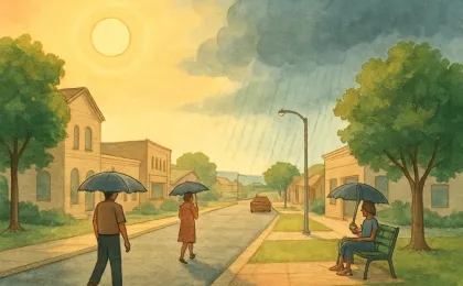 Illustration of summer heat easing into cooling rain over a Kansas neighborhood street.