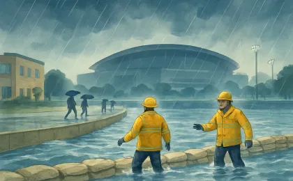 Rain and floodwater inundate a city edge while umbrellas and sandbags suggest preparation near a sports arena silhouette.